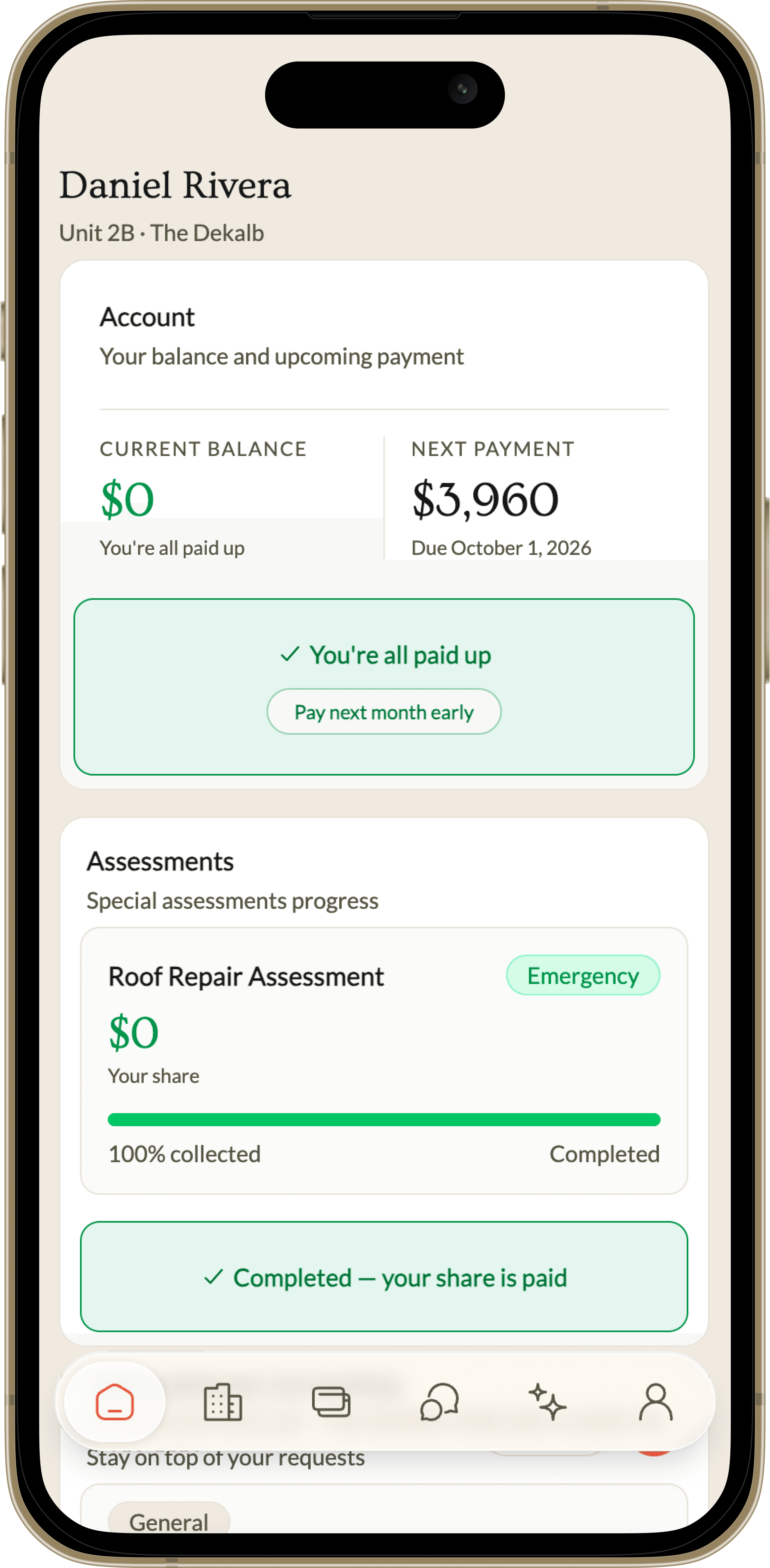 The Staywell owner app showing an account balance, next payment, and a completed assessment